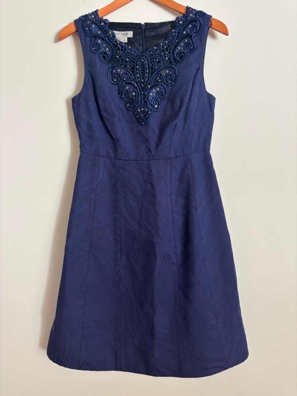 Kay Unger Navy Fit & Flare Dress Beaded Neckline Sleeveless Size 6